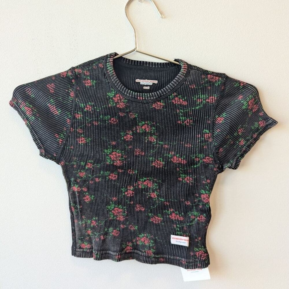 NEW Alexander Wang Bodywear Crop Top Floral Small Black Ribbed NWT